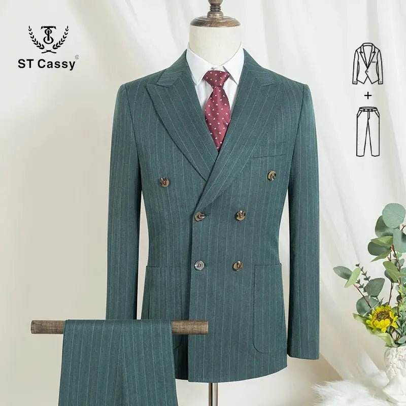 Men’s 2 - Piece Double - Breasted Stripe Suit – Green Wedding, Business & Office Wear - Honesty Sales
