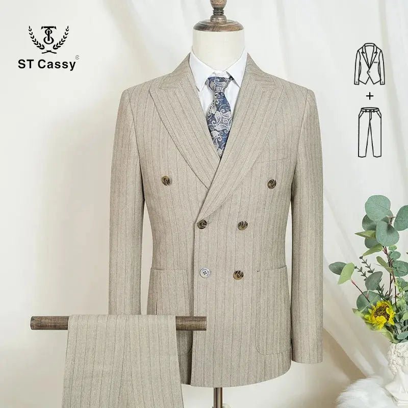 Men’s 2 - Piece Double - Breasted Stripe Suit – Jacket & Pants, Wedding, Business & Office Wear (Gray) - Honesty Sales