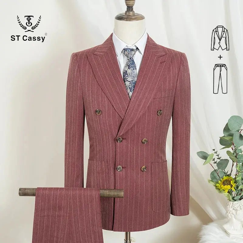 Men’s 2 - Piece Double - Breasted Stripe Suit – Jacket & Pants, Wedding, Business & Office Wear (Gray) - Honesty Sales
