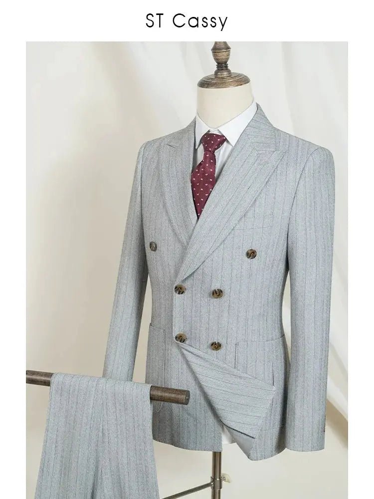 Men’s 2 - Piece Double - Breasted Stripe Suit – Jacket & Pants, Wedding, Business & Office Wear (Gray) - Honesty Sales