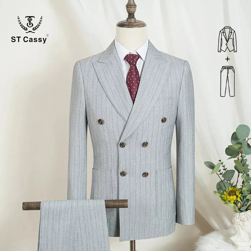 Men’s 2 - Piece Double - Breasted Stripe Suit – Jacket & Pants, Wedding, Business & Office Wear (Gray) - Honesty Sales