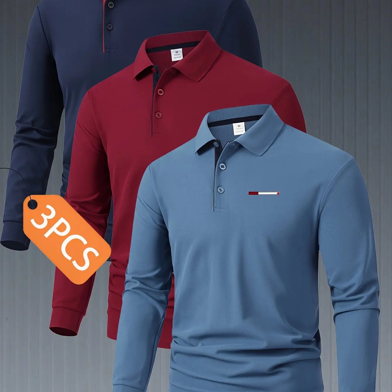 Men’s 3 - Pack Long Sleeve Polo Shirts – Button Collar, Color Block, Smart Casual - Honesty Sales