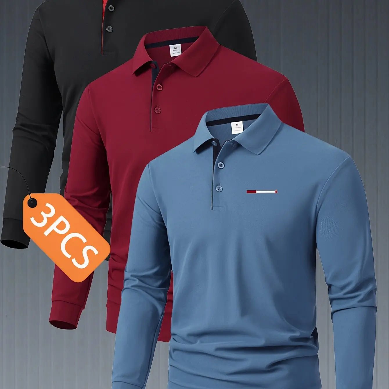 Men’s 3 - Pack Long Sleeve Polo Shirts – Button Collar, Color Block, Smart Casual - Honesty Sales