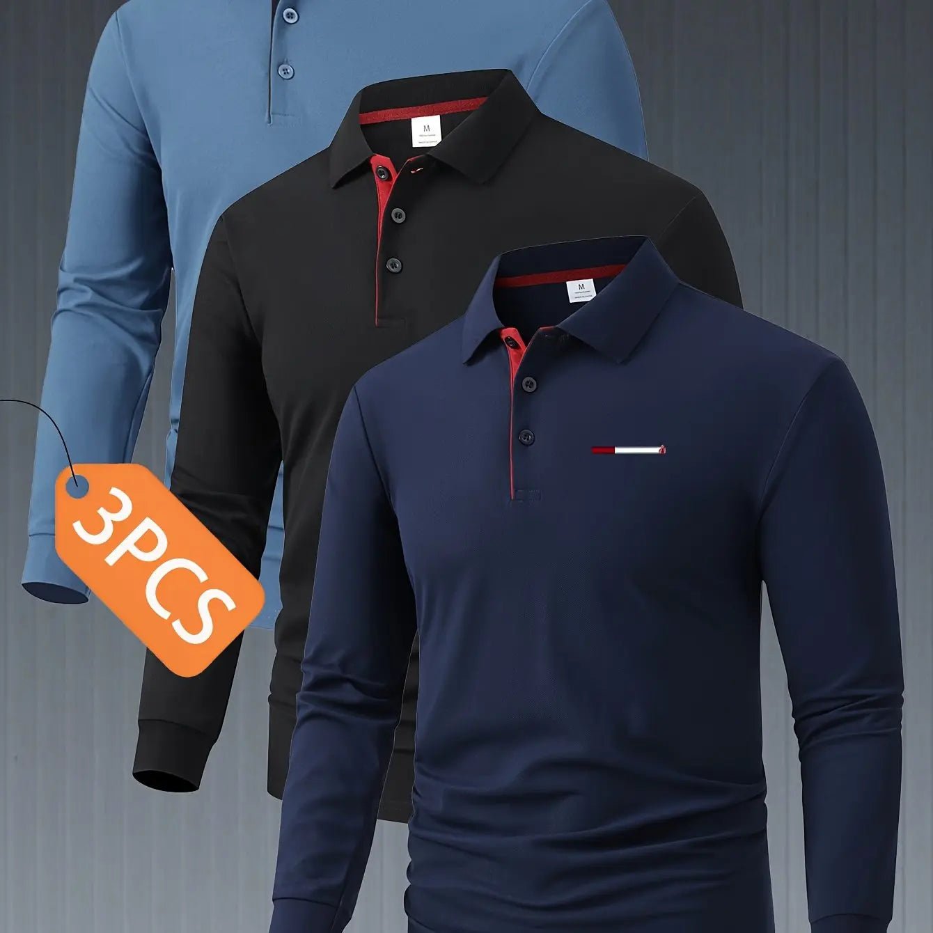 Men’s 3 - Pack Long Sleeve Polo Shirts – Button Collar, Color Block, Smart Casual - Honesty Sales
