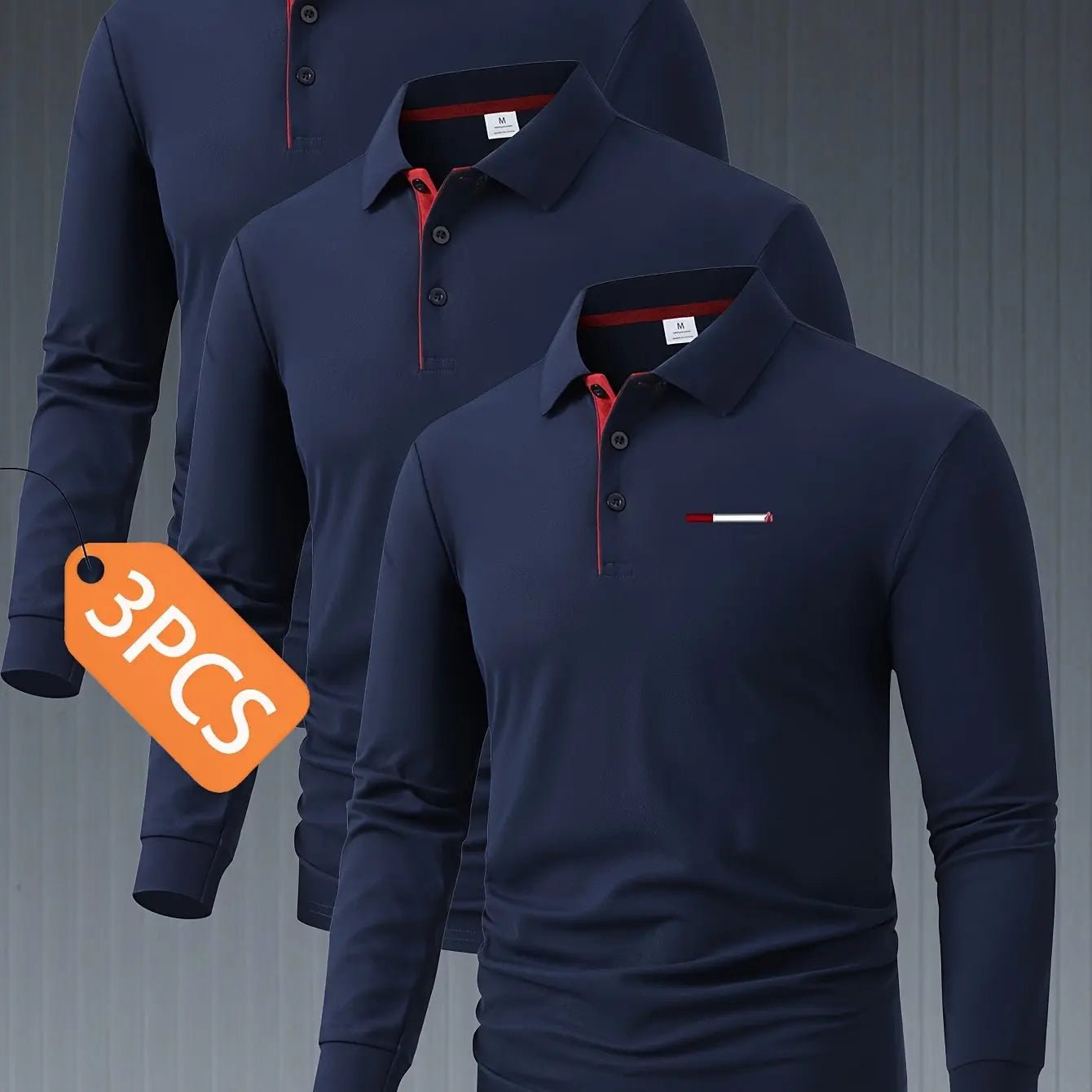 Men’s 3 - Pack Long Sleeve Polo Shirts – Button Collar, Color Block, Smart Casual - Honesty Sales