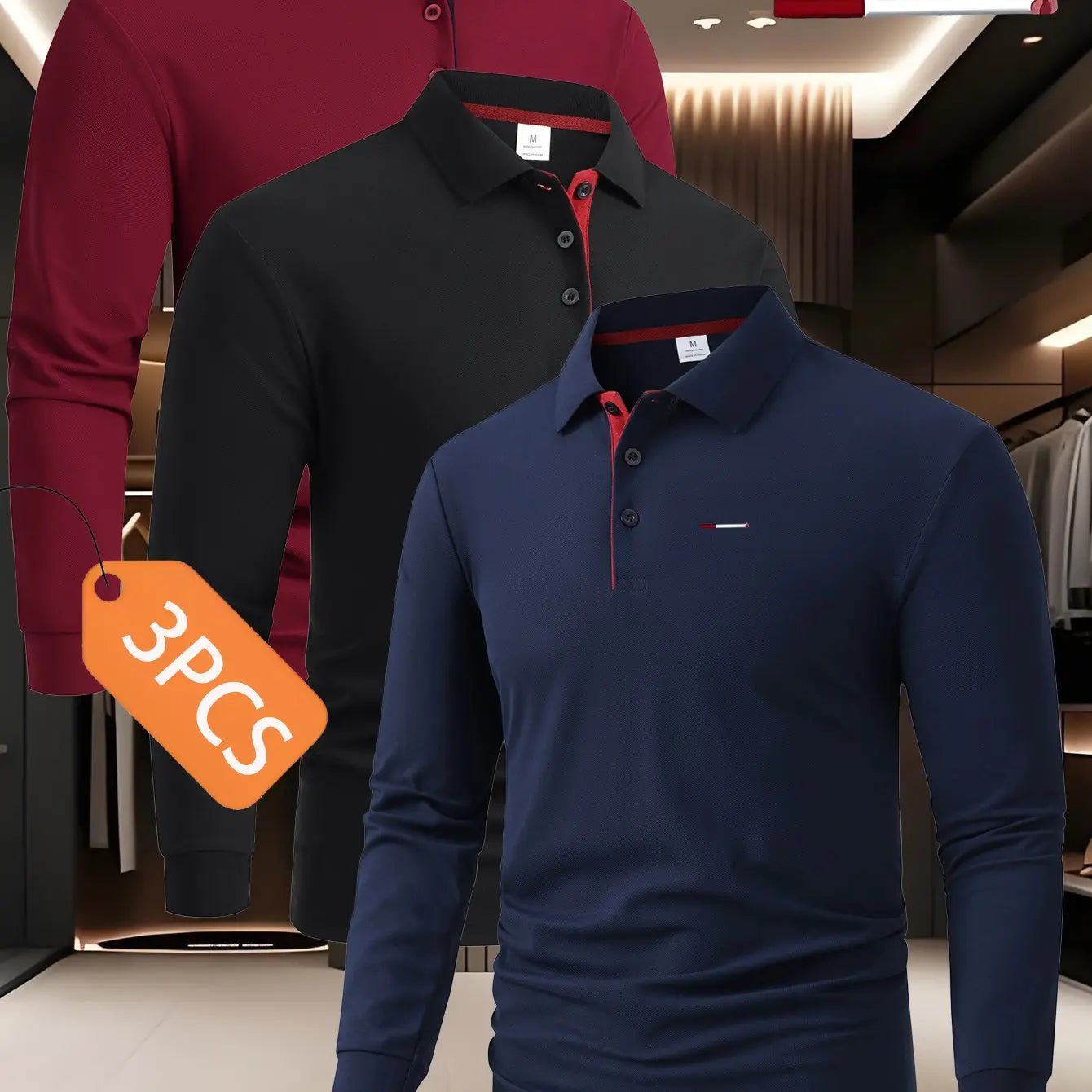 Men’s 3 - Pack Long Sleeve Polo Shirts – Button Collar, Color Block, Smart Casual - Honesty Sales
