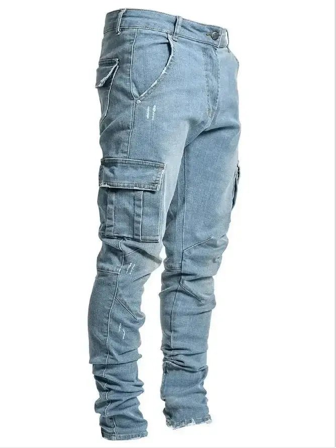 Men's Black Stretch Cargo Jeans – Zipper Pockets, Slim Fit Streetwear - Honesty Sales