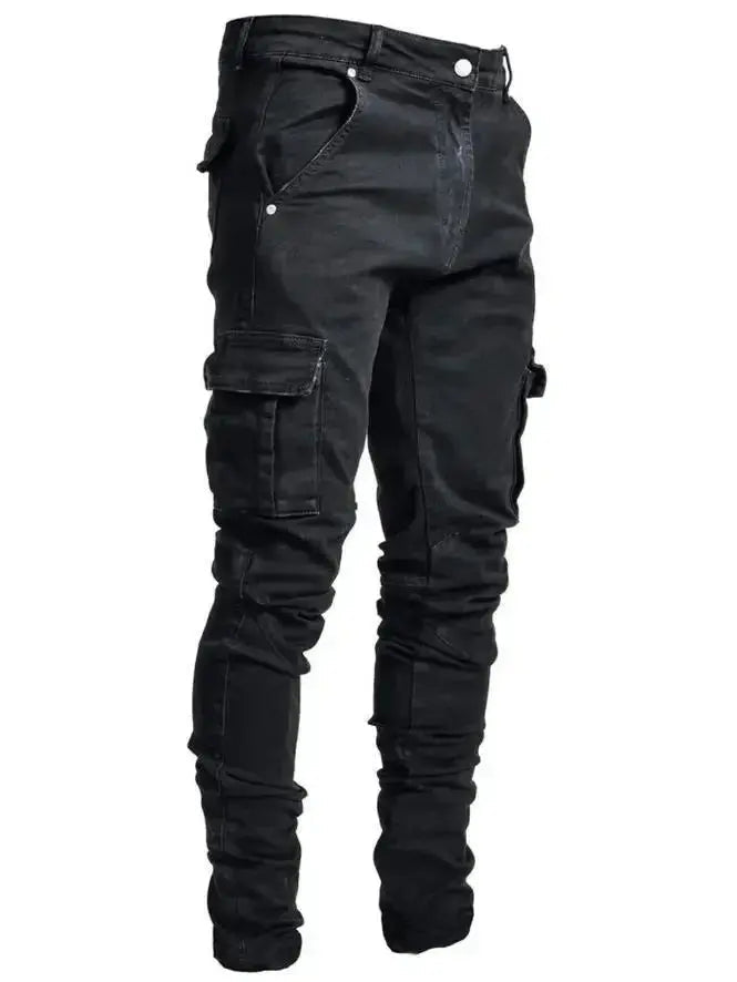 Men's Black Stretch Cargo Jeans – Zipper Pockets, Slim Fit Streetwear - Honesty Sales