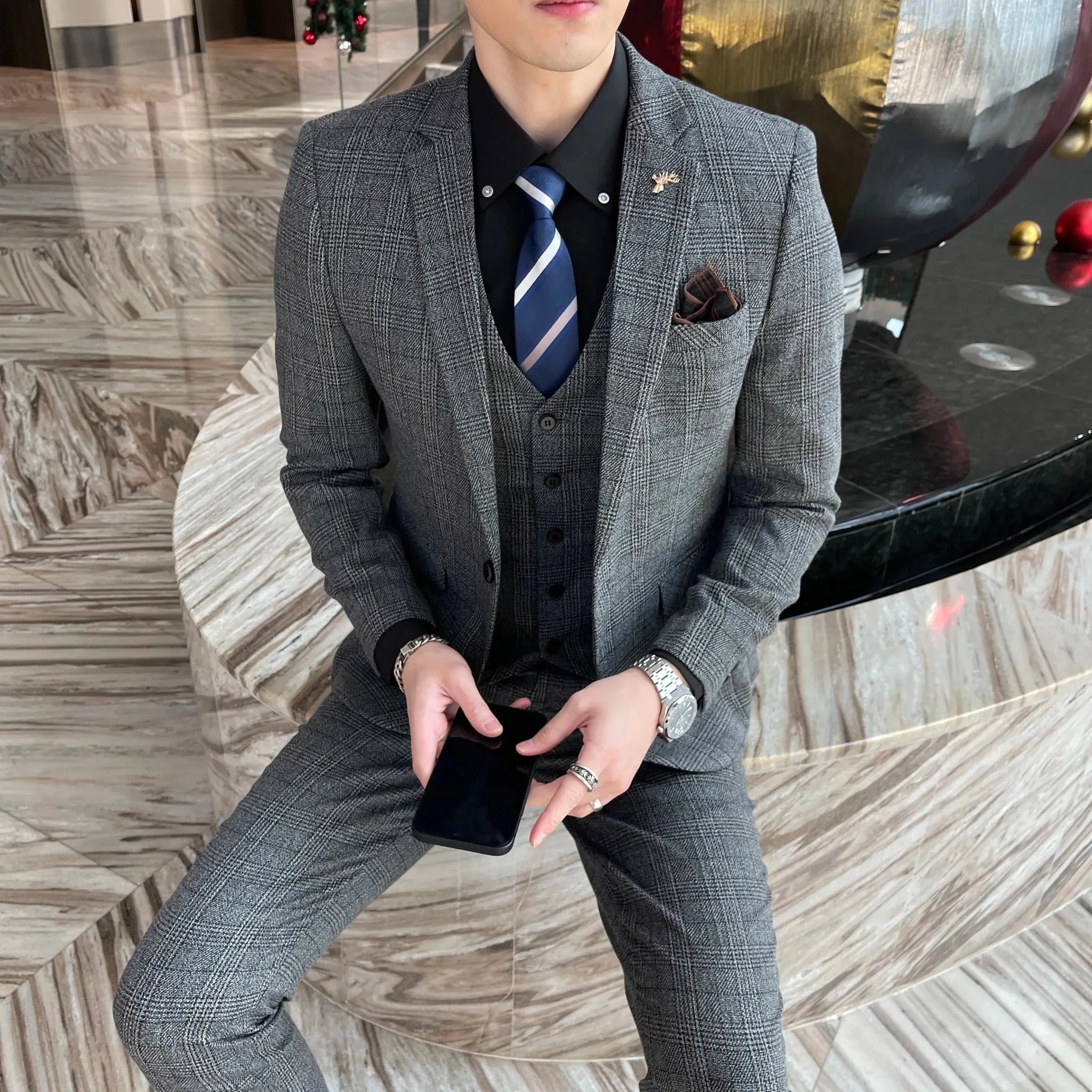Men’s British Korean Plaid 3 - Piece Suit – Vest & Trousers Set - Honesty Sales