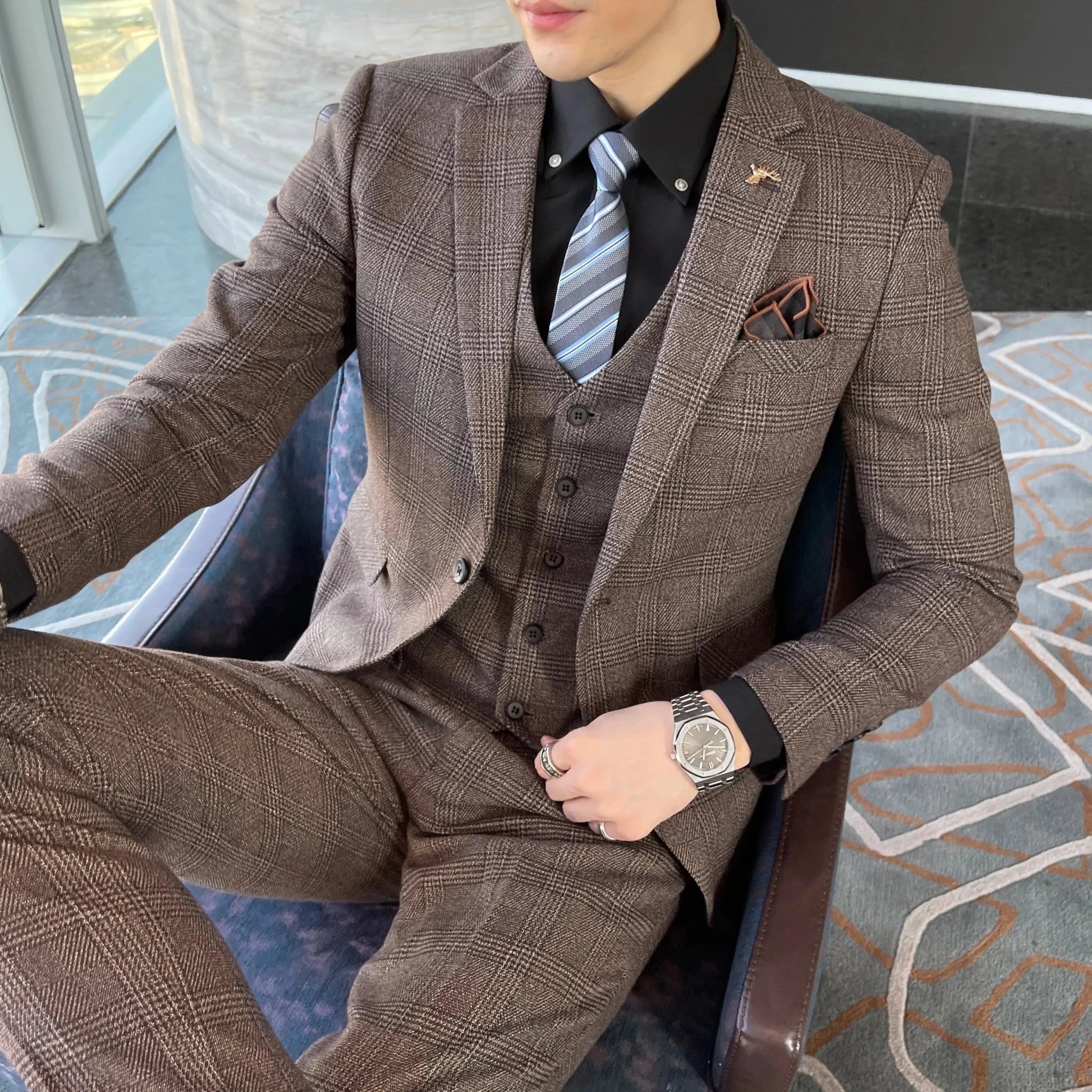 Men’s British Korean Plaid 3 - Piece Suit – Vest & Trousers Set - Honesty Sales