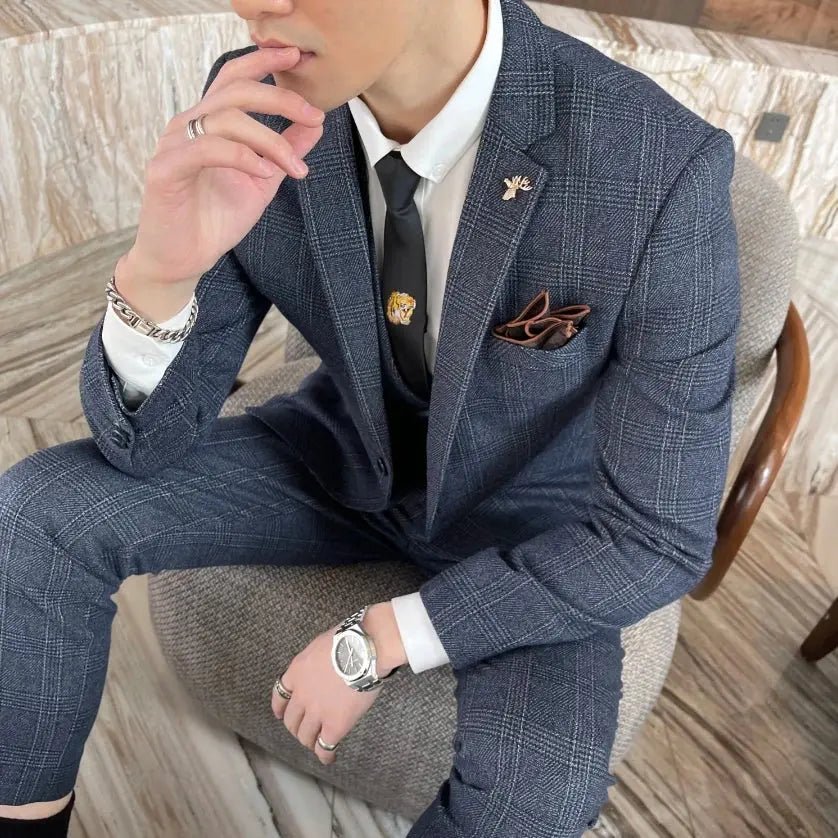 Men’s British Korean Plaid 3 - Piece Suit – Vest & Trousers Set - Honesty Sales