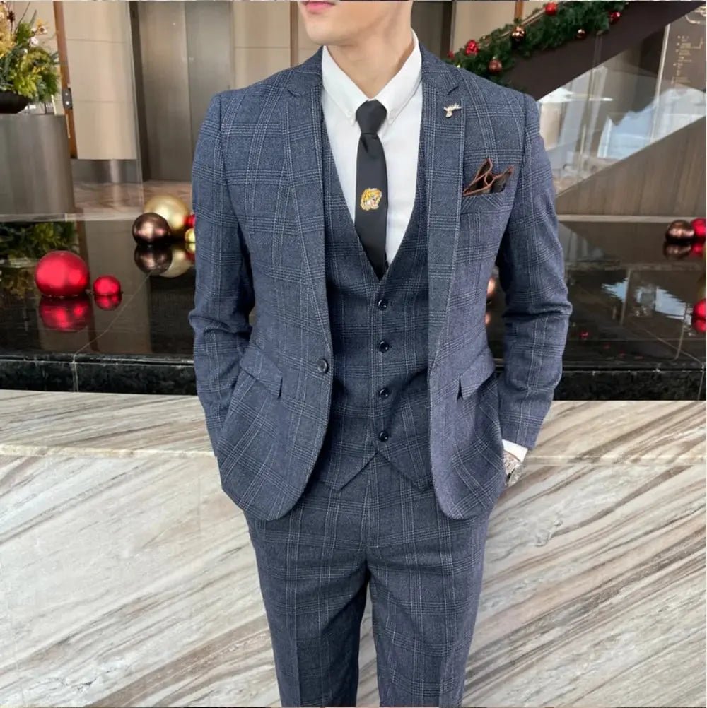 Men’s British Korean Plaid 3 - Piece Suit – Vest & Trousers Set - Honesty Sales