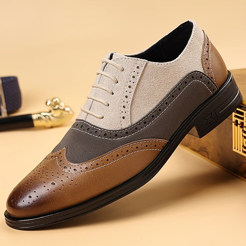 Men’s Brogue Patchwork Loafers – Pointed Toe Business & Wedding Dress Shoes (Black) - Honesty Sales