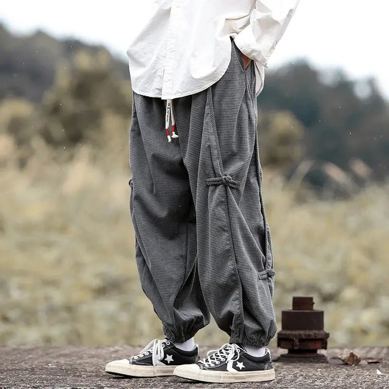 Men’s Chinese - Style Hanfu Cargo Pants – Elastic Waist, Buckle Design, Japanese Casual Hallen Trousers - Honesty Sales