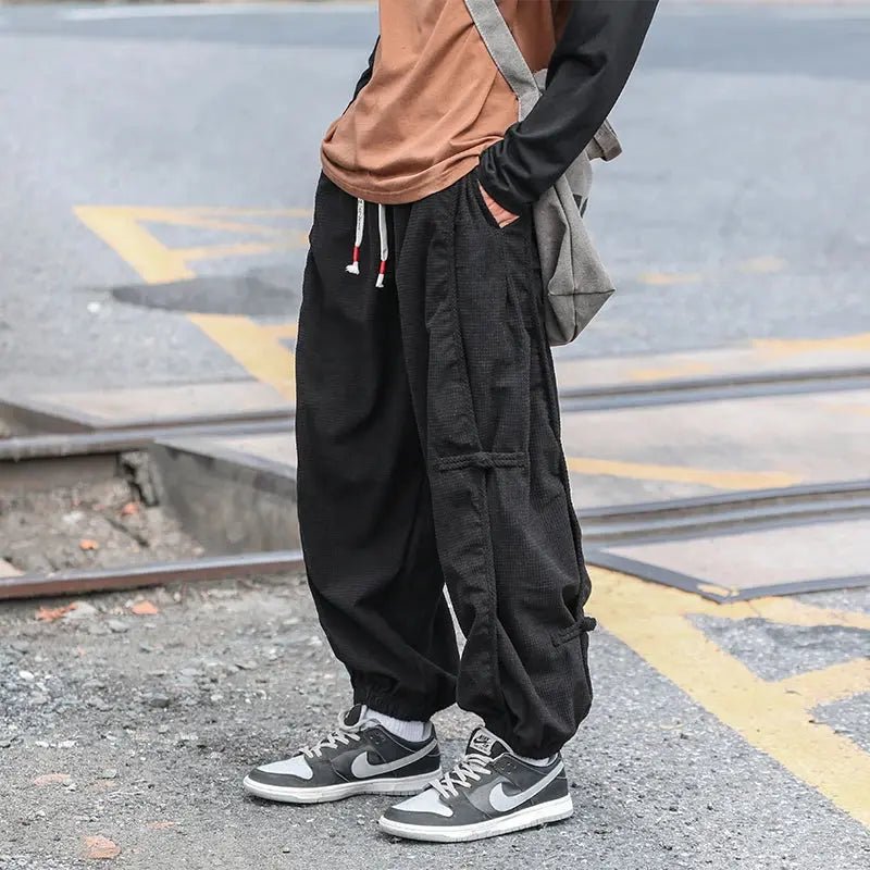 Men’s Chinese - Style Hanfu Cargo Pants – Elastic Waist, Buckle Design, Japanese Casual Hallen Trousers - Honesty Sales