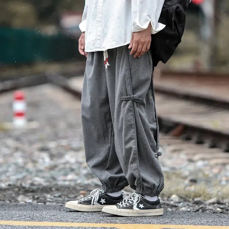 Men’s Chinese - Style Hanfu Cargo Pants – Elastic Waist, Buckle Design, Japanese Casual Hallen Trousers - Honesty Sales