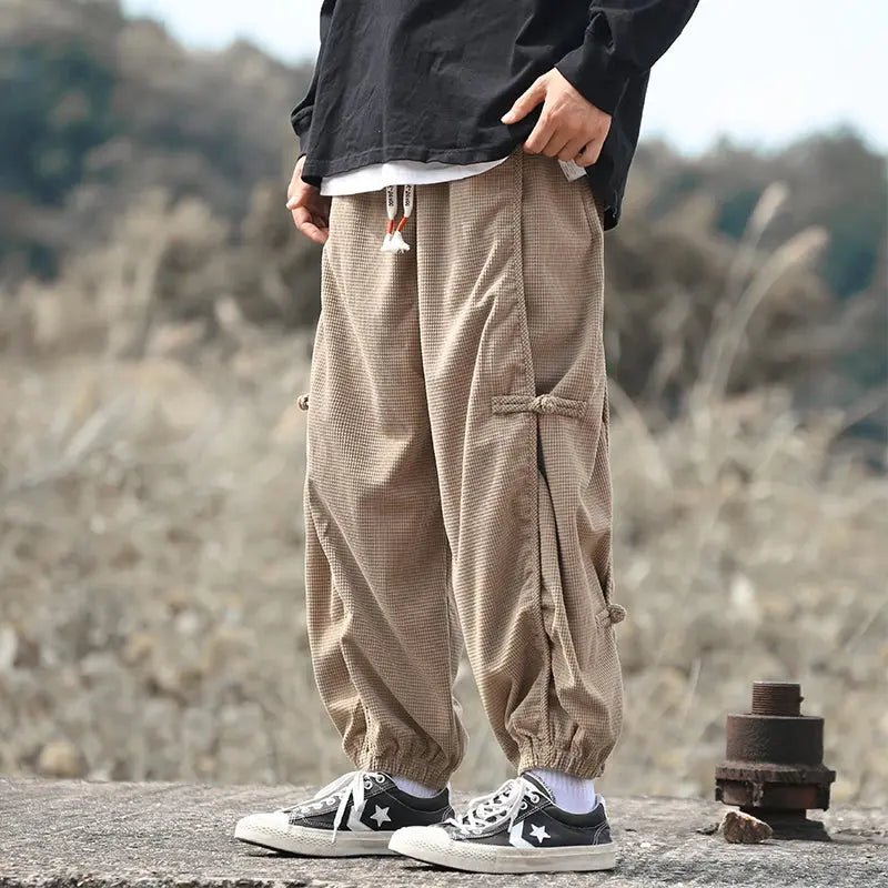 Men’s Chinese - Style Hanfu Cargo Pants – Elastic Waist, Buckle Design, Japanese Casual Hallen Trousers - Honesty Sales