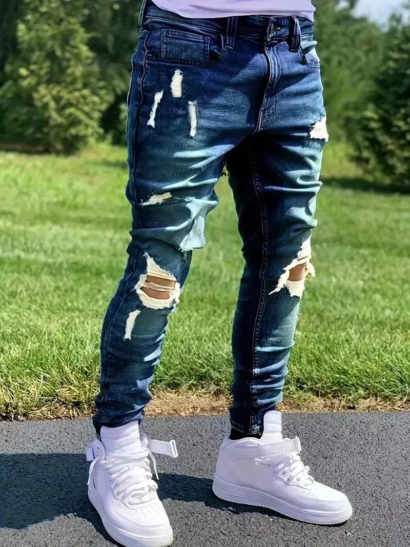 Men’s Distressed Stretch Jeans – Ripped Street Style Denim - Honesty Sales