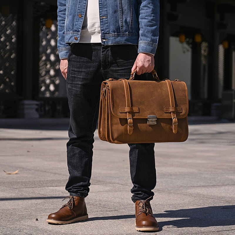 Men’s Genuine Leather Briefcase Messenger Bag – 39.9cm Laptop, Locking Closure, Adjustable Strap - Honesty Sales