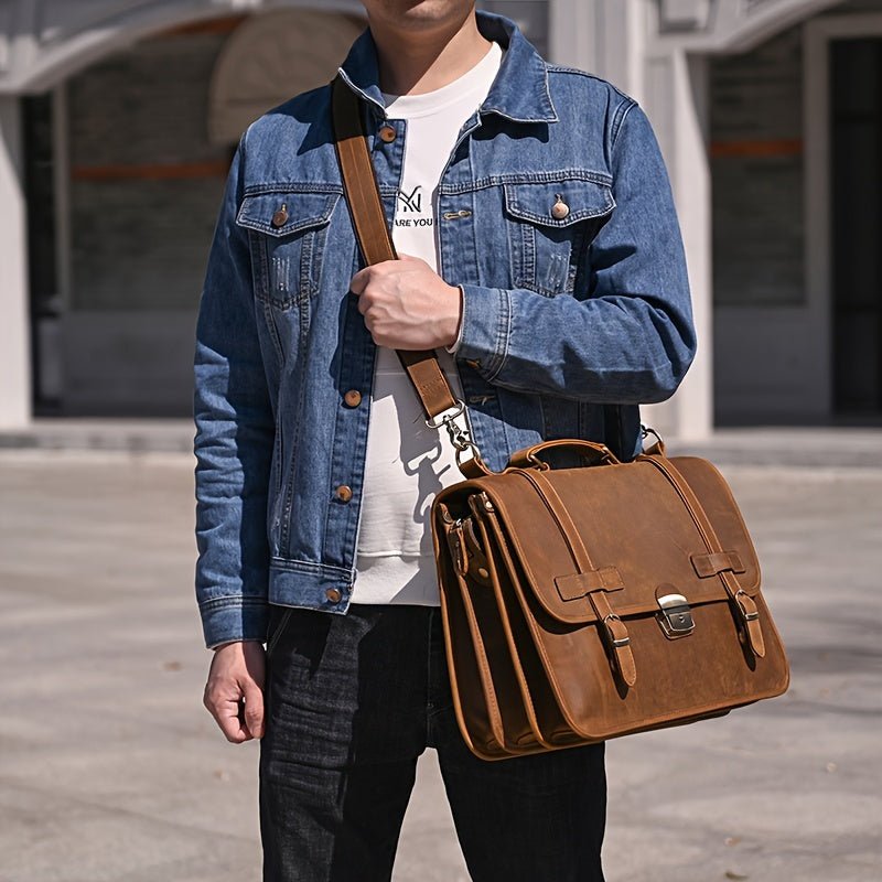 Men’s Genuine Leather Briefcase Messenger Bag – 39.9cm Laptop, Locking Closure, Adjustable Strap - Honesty Sales