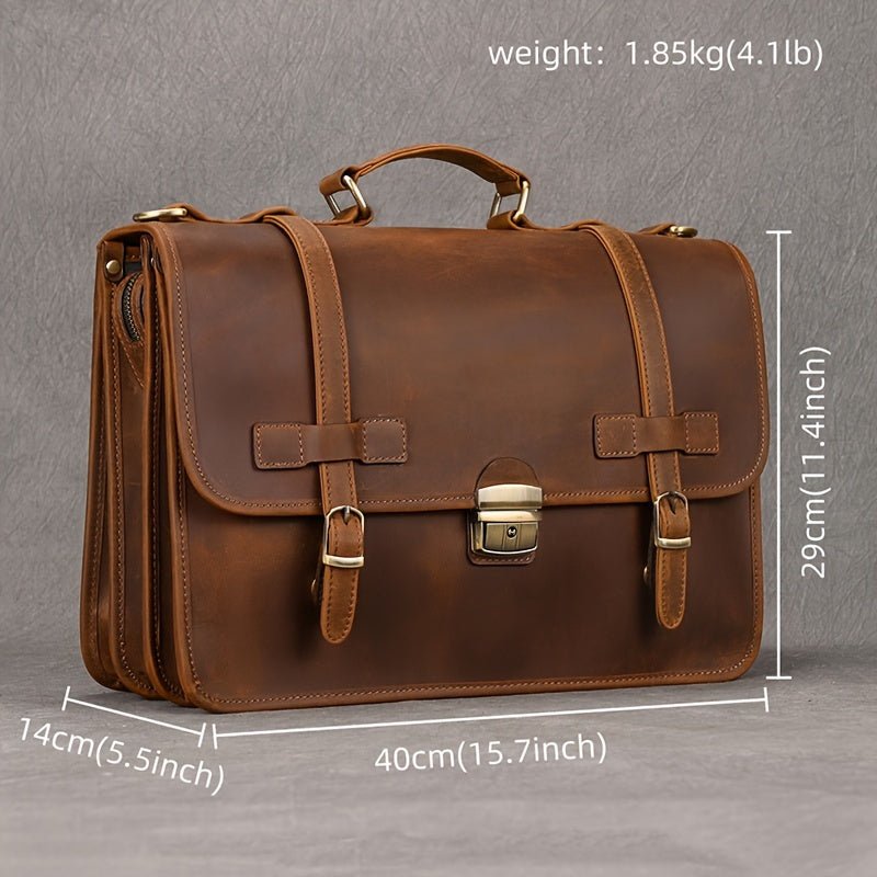 Men’s Genuine Leather Briefcase Messenger Bag – 39.9cm Laptop, Locking Closure, Adjustable Strap - Honesty Sales