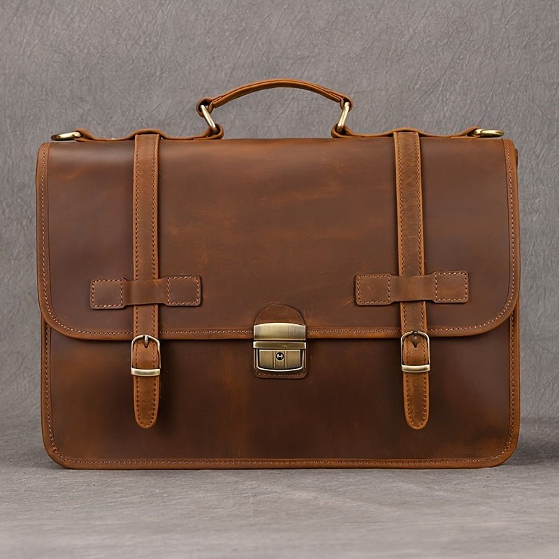 Men’s Genuine Leather Briefcase Messenger Bag – 39.9cm Laptop, Locking Closure, Adjustable Strap - Honesty Sales