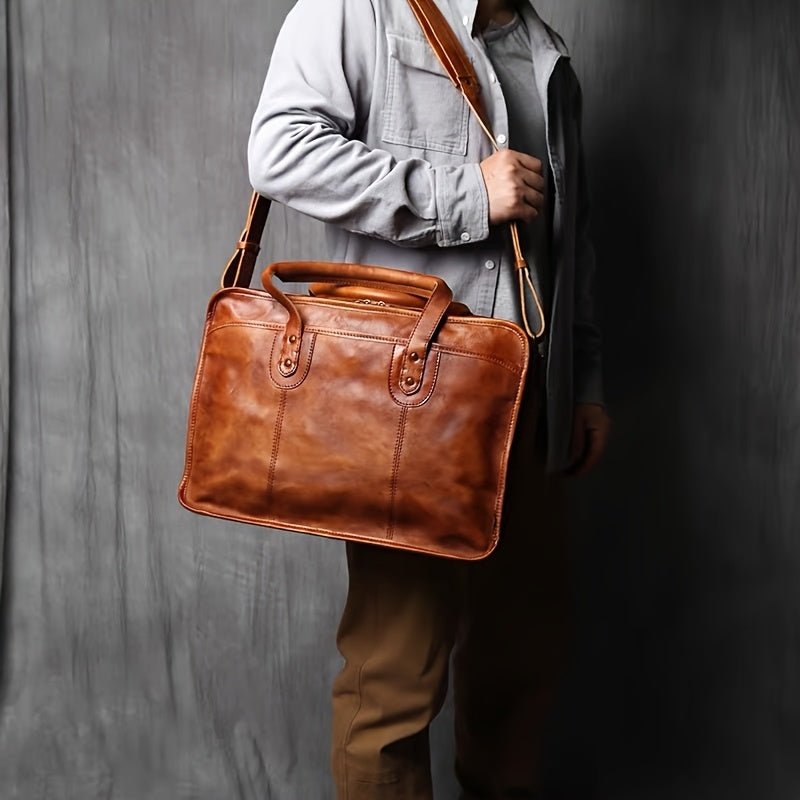 Men’s Genuine Leather Business Briefcase – Vintage Tanned Cowhide Tote & Crossbody Bag - Honesty Sales