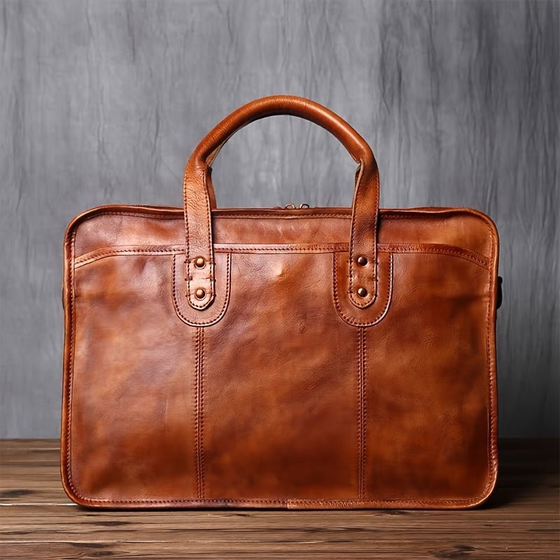 Men’s Genuine Leather Business Briefcase – Vintage Tanned Cowhide Tote & Crossbody Bag - Honesty Sales