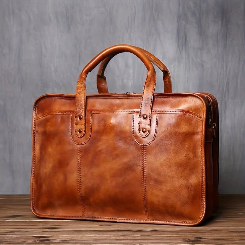Men’s Genuine Leather Business Briefcase – Vintage Tanned Cowhide Tote & Crossbody Bag - Honesty Sales