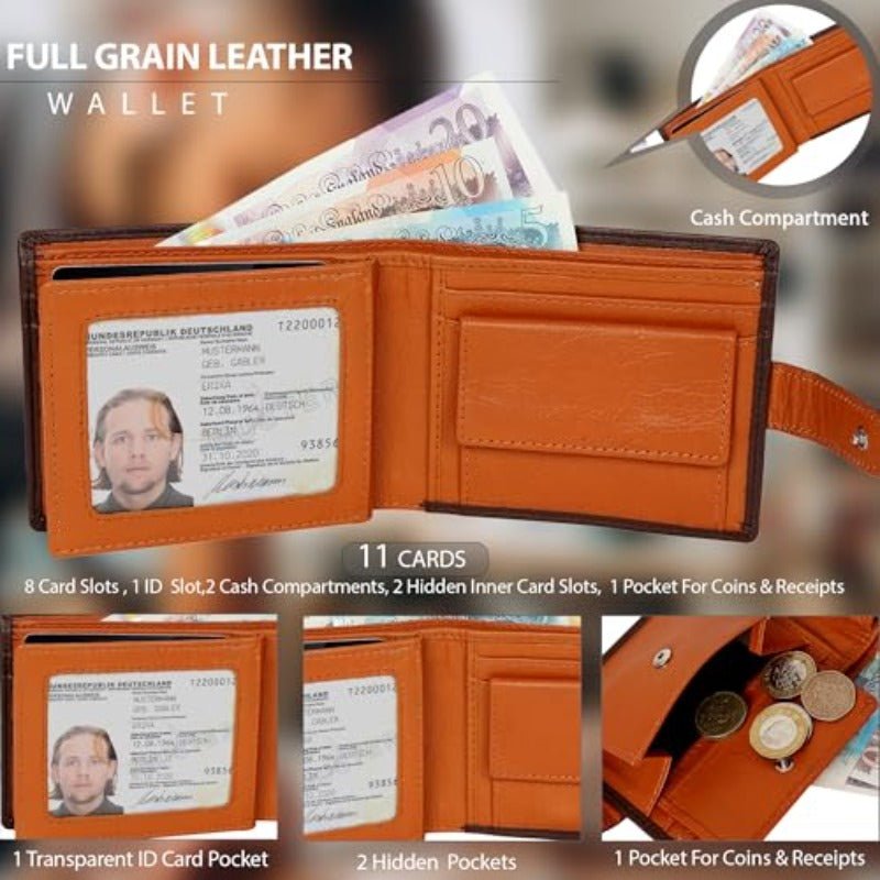 Men’s Genuine Leather RFID Blocking Slim Bifold Wallet – 8 - Card Holder with ID Window & Coin Pocket - Honesty Sales