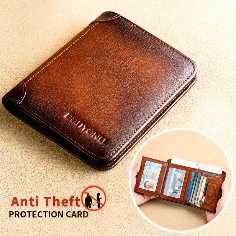 Men’s Genuine Leather Slim Wallet – Compact Card Holder with Cash Pocket & Gold - Tone Hardware - Honesty Sales