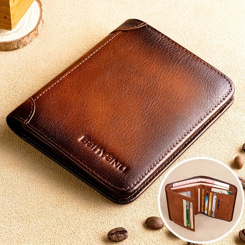 Men’s Genuine Leather Slim Wallet – Compact Card Holder with Cash Pocket & Gold - Tone Hardware - Honesty Sales