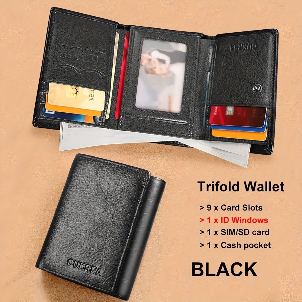 Men’s Genuine Leather Trifold Wallet – First - Layer Cowhide RFID Blocking with Multiple Card Slots & Money Clip - Honesty Sales