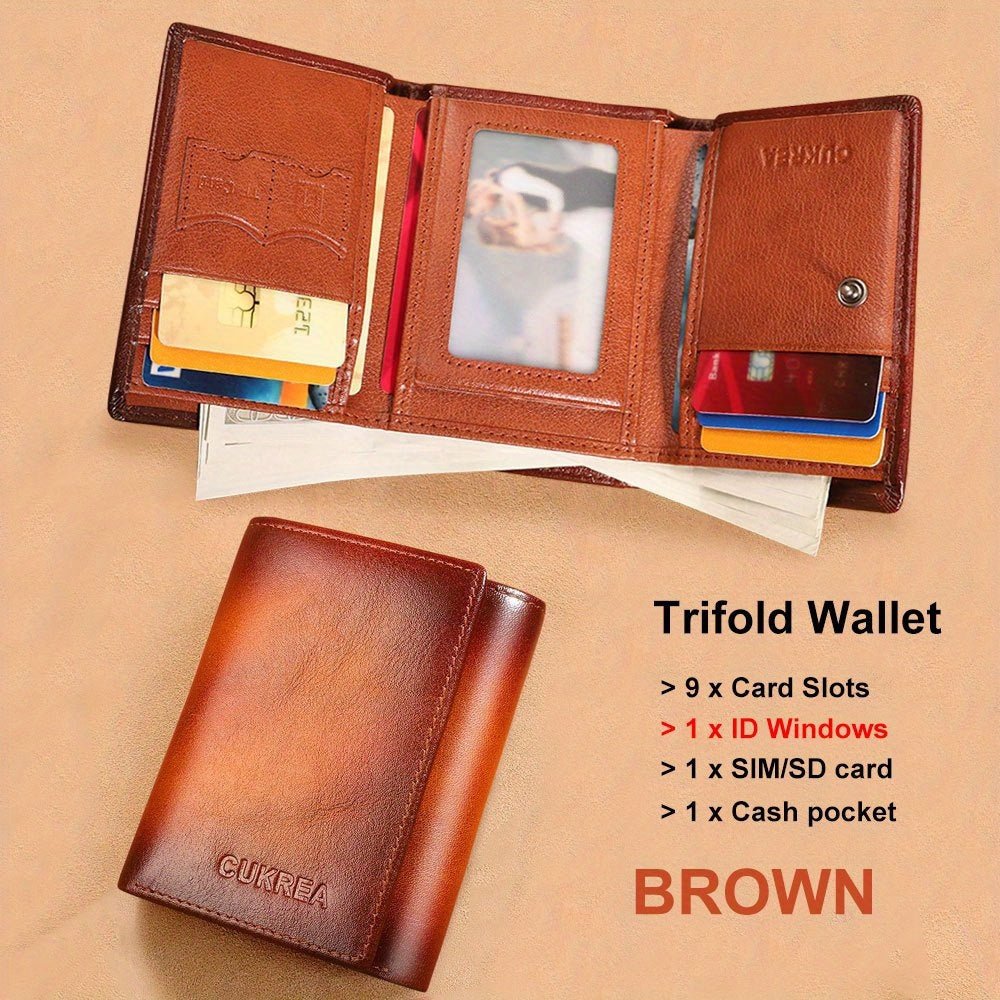 Men’s Genuine Leather Trifold Wallet – First - Layer Cowhide RFID Blocking with Multiple Card Slots & Money Clip - Honesty Sales