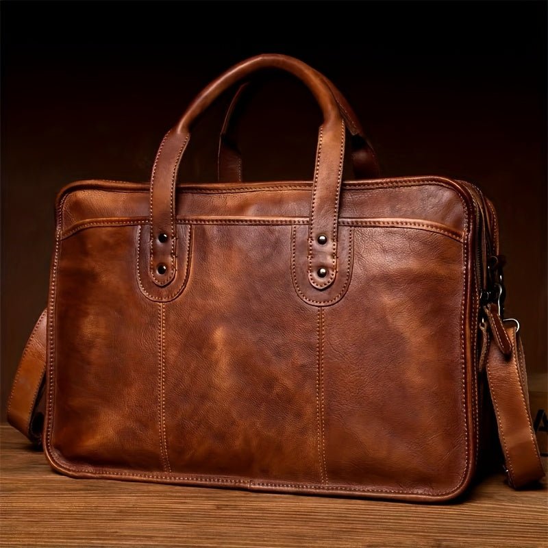 Men’s Genuine Top - Grain Leather Briefcase – Cowhide Tanned Laptop Bag with Crossbody Strap - Honesty Sales