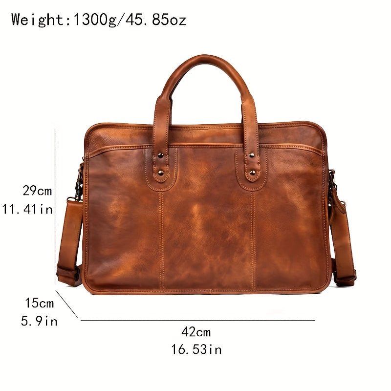 Men’s Genuine Top - Grain Leather Briefcase – Cowhide Tanned Laptop Bag with Crossbody Strap - Honesty Sales