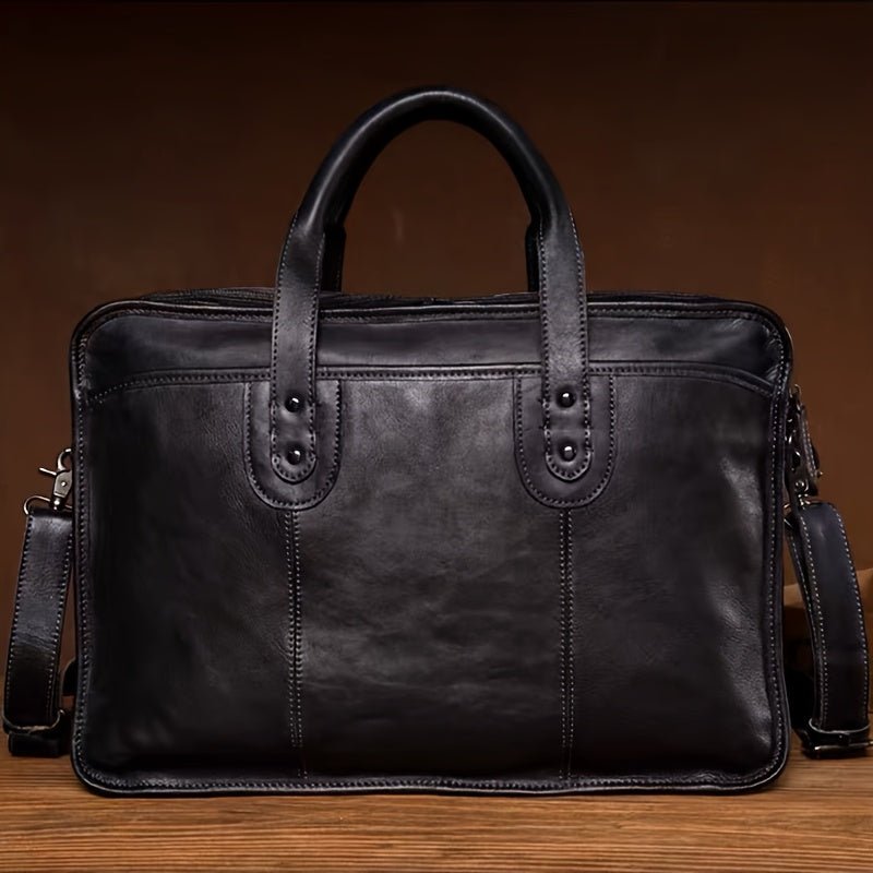 Men’s Genuine Top - Grain Leather Briefcase – Cowhide Tanned Laptop Bag with Crossbody Strap - Honesty Sales
