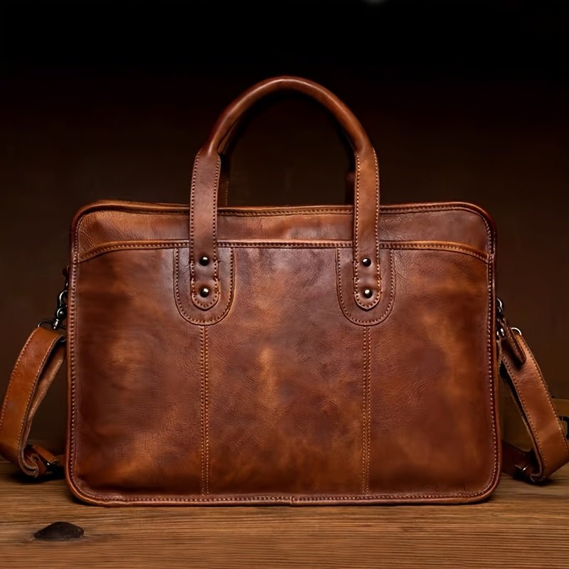 Men’s Genuine Top - Grain Leather Briefcase – Cowhide Tanned Laptop Bag with Crossbody Strap - Honesty Sales