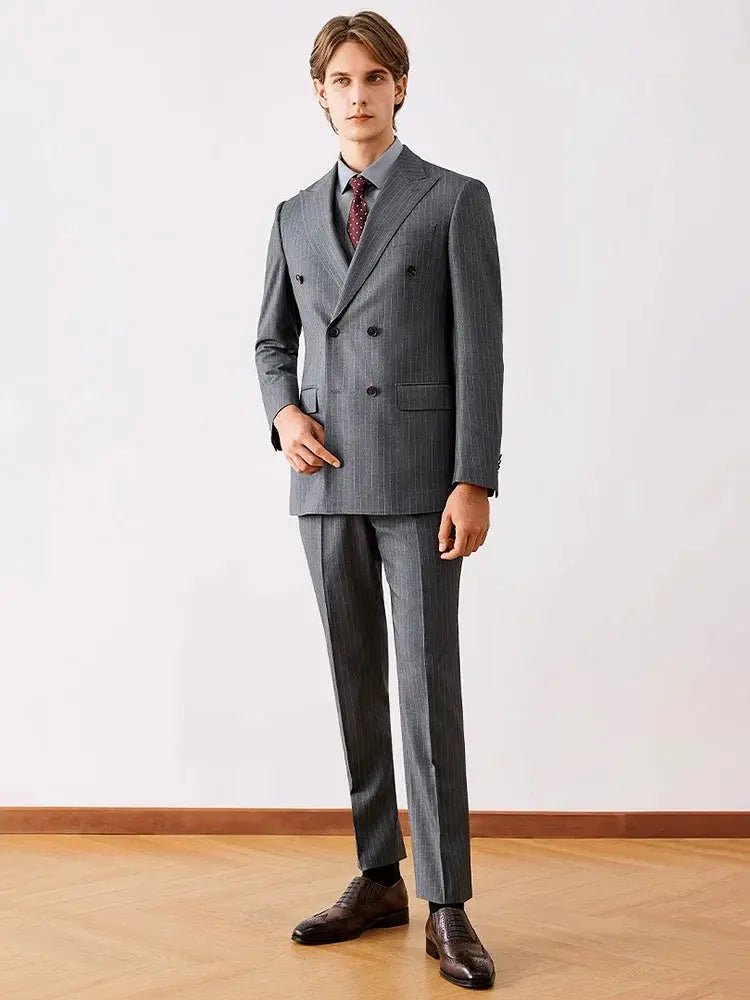 Men’s Grey Stripe Double - Breasted 3 - Piece Suit – 19% Wool, Wedding, Business & Office Wear - Honesty Sales