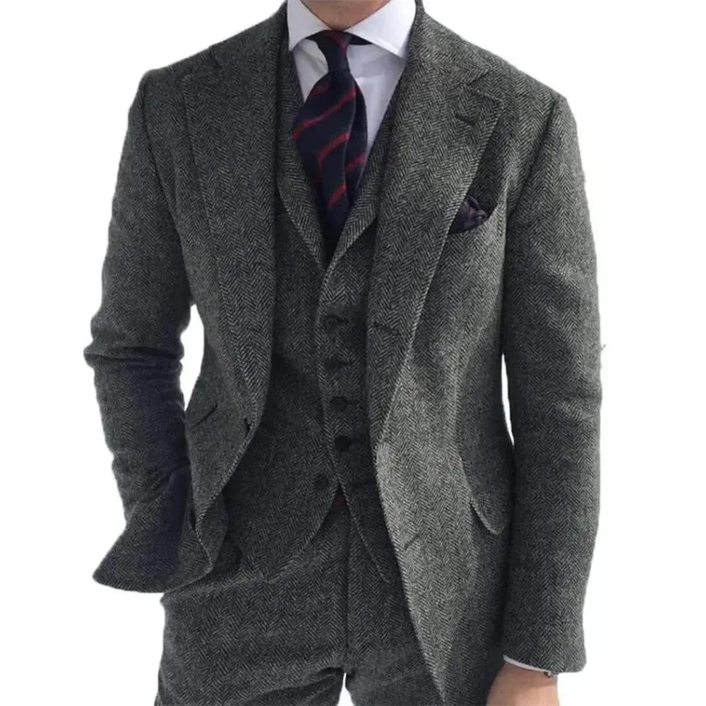 Men’s Grey Tweed 3 - Piece Suit – Slim Fit Wool Formal Set - Honesty Sales