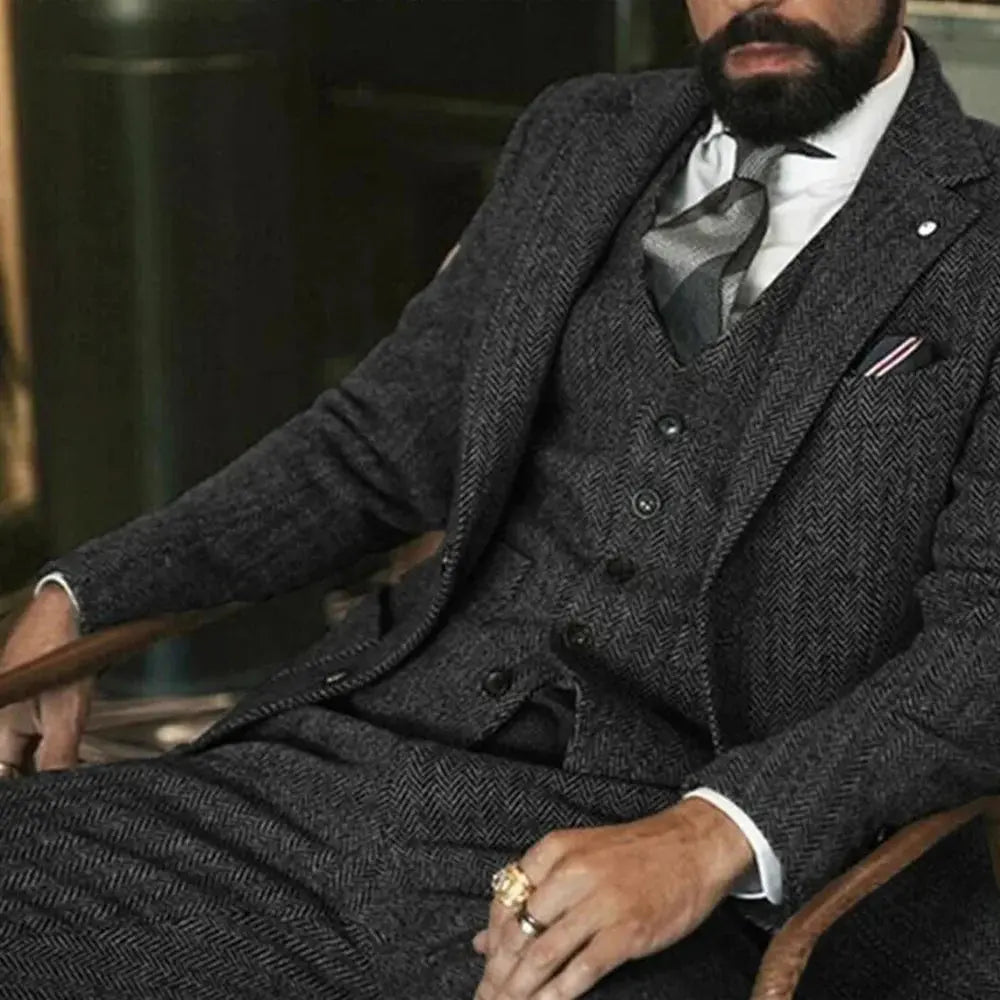 Men’s Grey Tweed 3 - Piece Suit – Slim Fit Wool Formal Set - Honesty Sales