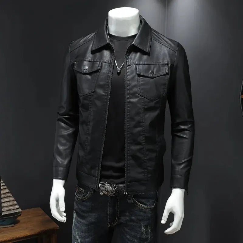 Men’s Lapel Leather Jacket – Autumn/Winter Slim Fit Motorcycle Coat - Honesty Sales