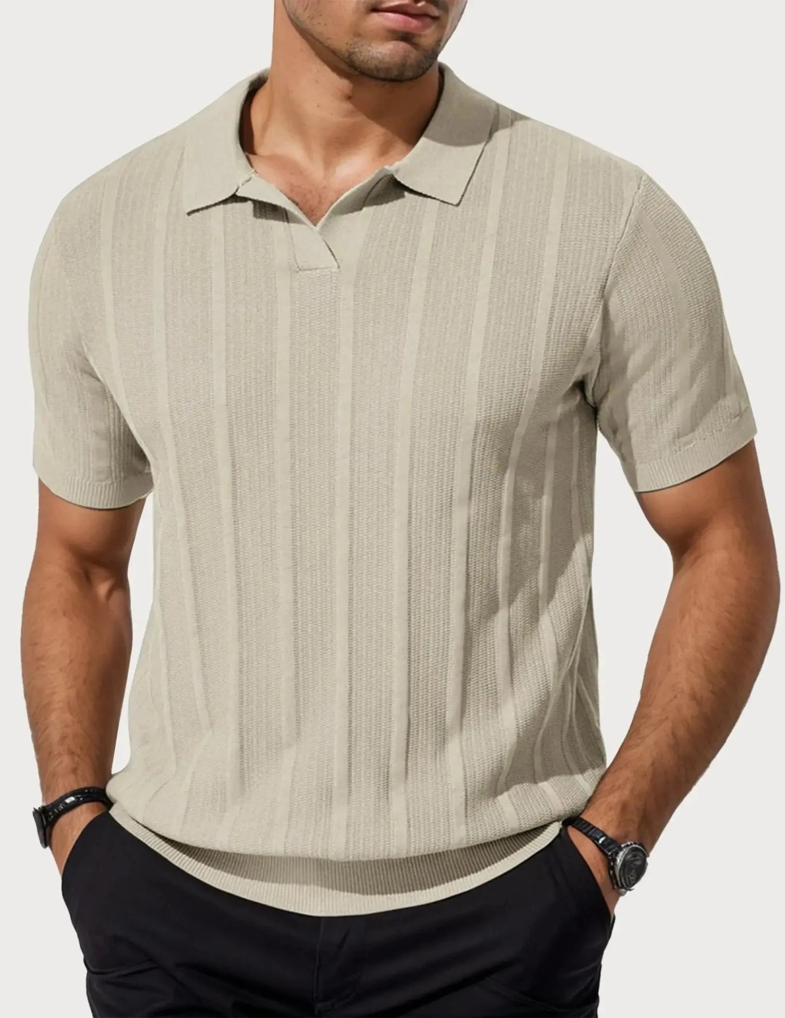 Men's Long Sleeve Textured Polo Collar Casual Sweater - Honesty Sales