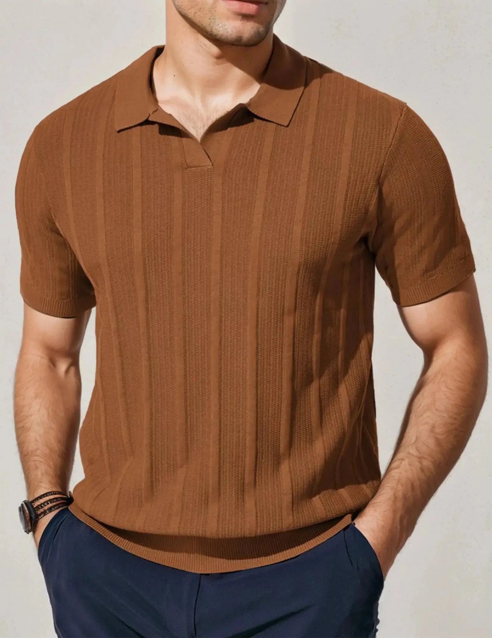 Men's Long Sleeve Textured Polo Collar Casual Sweater - Honesty Sales