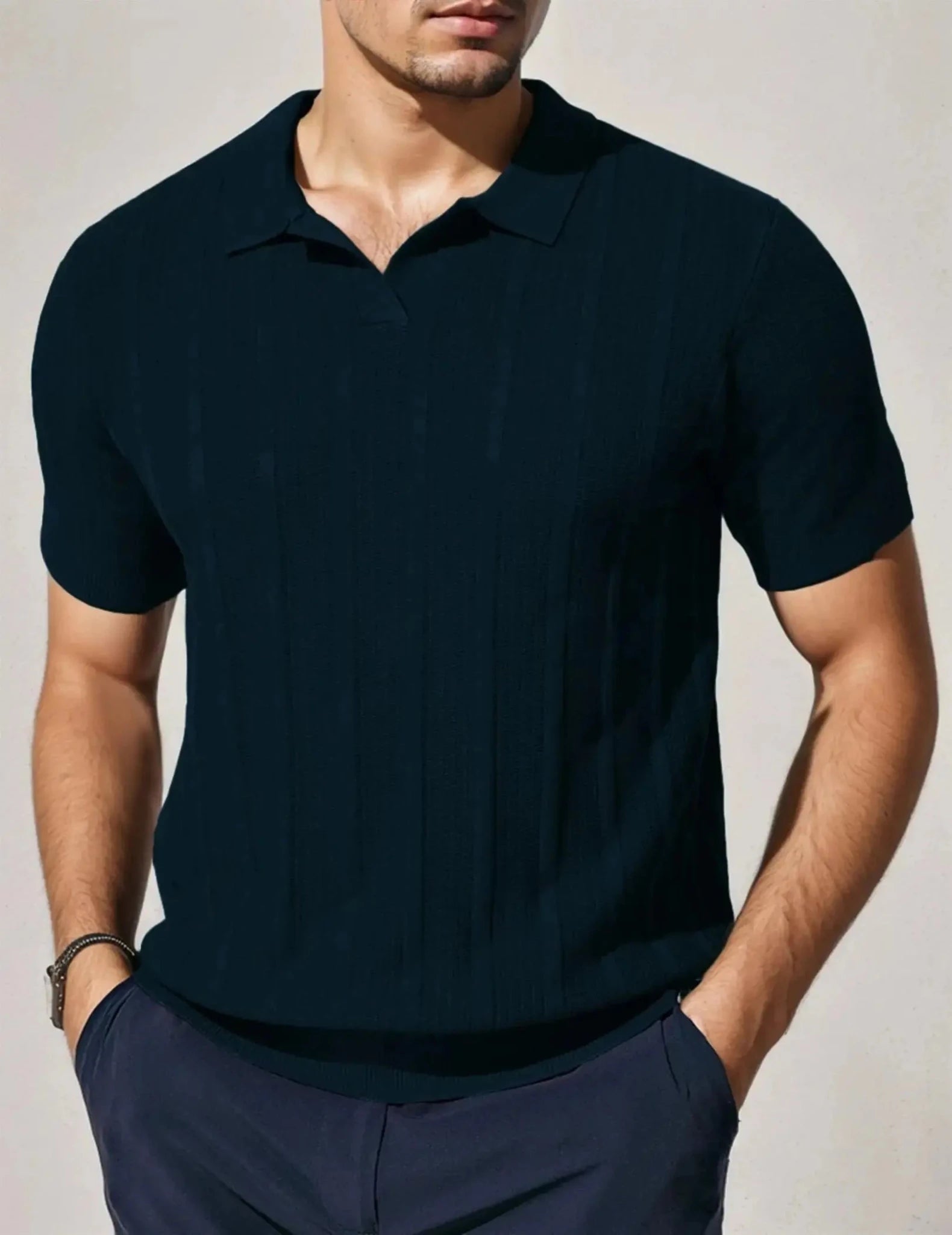 Men's Long Sleeve Textured Polo Collar Casual Sweater - Honesty Sales