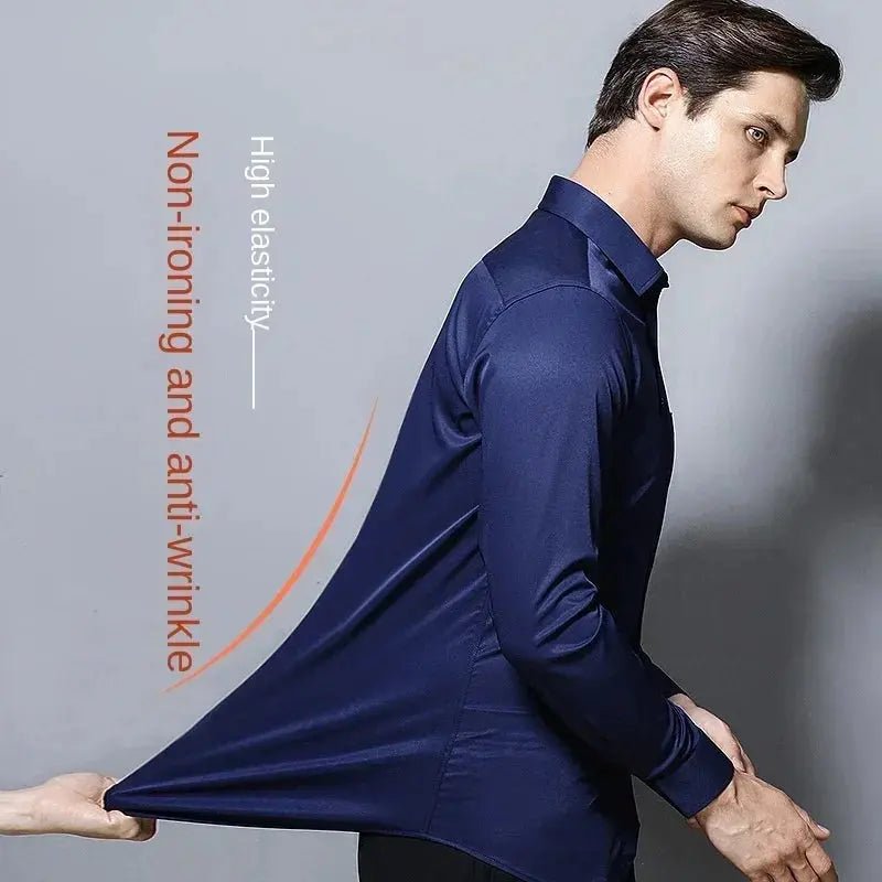 Men's long - sleeved, non - iron, elastic dress shirt for professional work attire. Stand - up collar (55 - 105kg) - Honesty Sales
