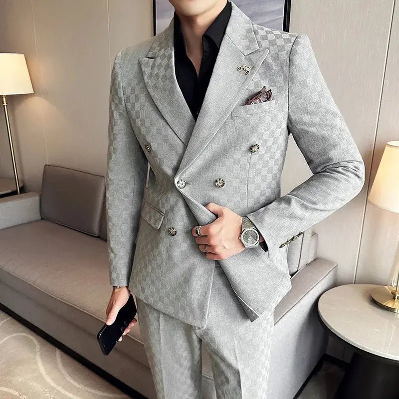 Men’s Luxury Checkered Double - Breasted Suit – Slim Fit 2 - Piece Formal & Business Set (M–5XL) - Honesty Sales