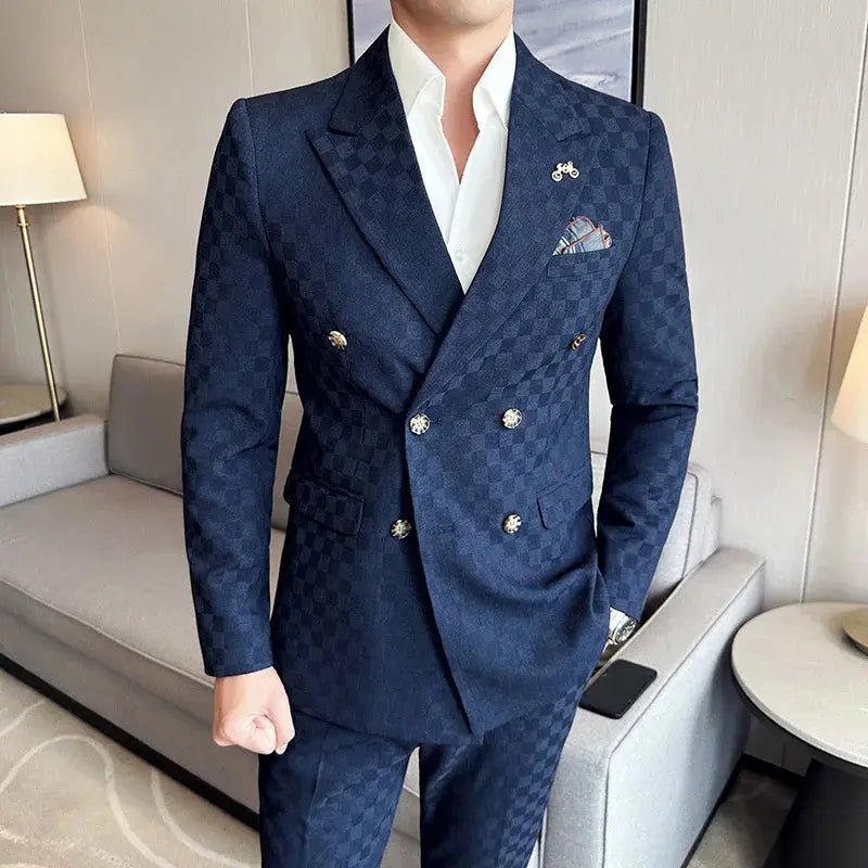Men’s Luxury Checkered Double - Breasted Suit – Slim Fit 2 - Piece Formal & Business Set (M–5XL) - Honesty Sales
