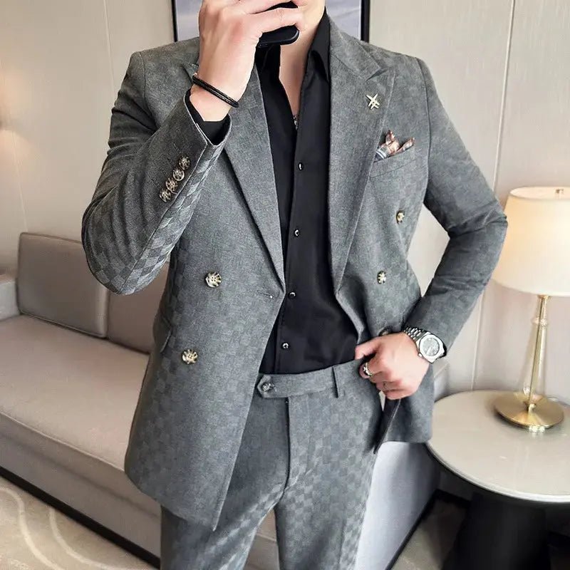 Men’s Luxury Checkered Double - Breasted Suit – Slim Fit 2 - Piece Formal & Business Set (M–5XL) - Honesty Sales