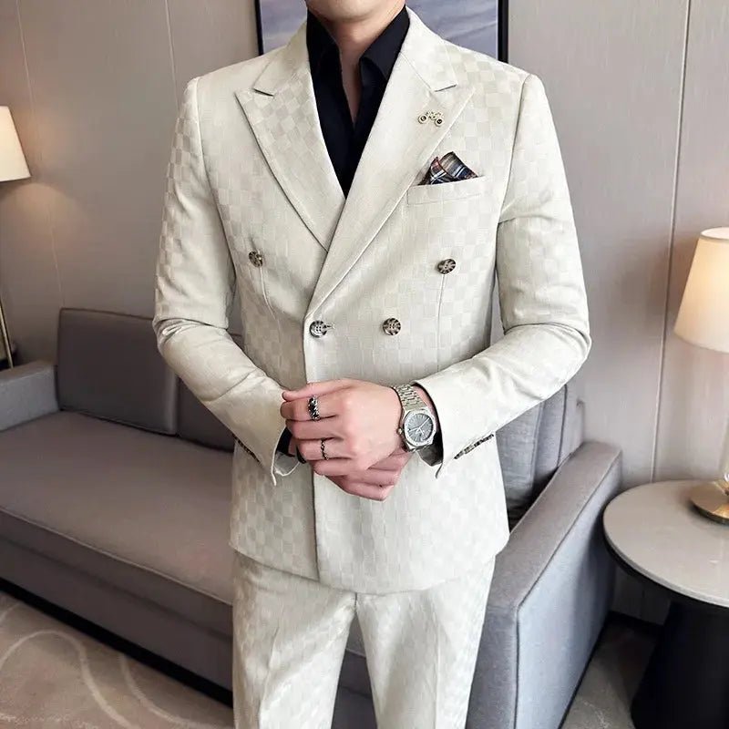 Men’s Luxury Checkered Double - Breasted Suit – Slim Fit 2 - Piece Formal & Business Set (M–5XL) - Honesty Sales